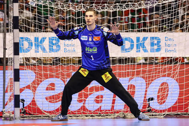 Goalkeeper Dominik Kuzmanovic, SC Magdeburg, 1st Handball Bundesliga, 2026–2027 season, SC Magdeburg vs. HC Erlangen at the GETEC Arena in Magdeburg; cutout, action, handball, Germany, October 4, 2026