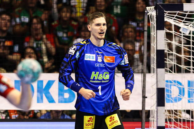 Goalkeeper Dominik Kuzmanovic, SC Magdeburg, 1st Handball Bundesliga, 2026–2027 season, SC Magdeburg vs. HC Erlangen at the GETEC Arena in Magdeburg; single frame, action, handball, Germany, October 4, 2026