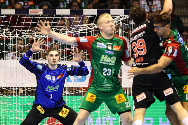 Goalkeeper Dominik Kuzmanovic, SC Magdeburg, Handball Bundesliga Season 2026–2027: SC Magdeburg vs. HC Erlangen at the GETEC Arena in Magdeburg; Action, Handball, Germany, October 4, 2026