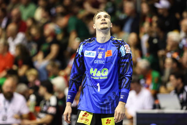 Goalkeeper Dominik Kuzmanovic, SC Magdeburg, 1st Handball Bundesliga, 2026–2027 season, SC Magdeburg vs. HC Erlangen at the GETEC Arena in Magdeburg; single frame, action, handball, Germany, October 4, 2026
