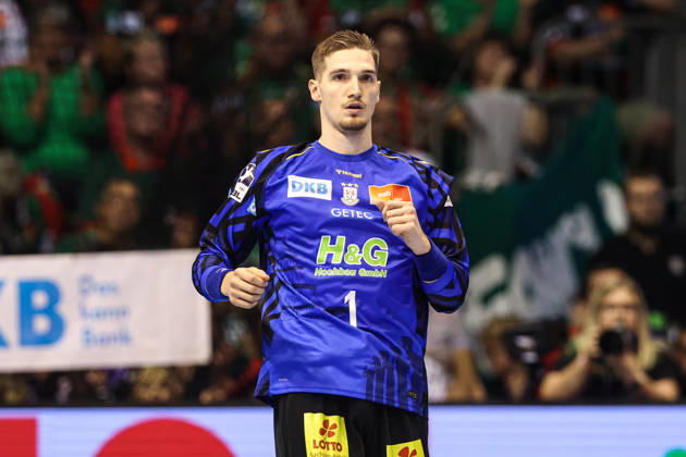 Goalkeeper Dominik Kuzmanovic, SC Magdeburg, Handball Bundesliga Season 2026–2027: SC Magdeburg vs. HC Erlangen at the GETEC Arena in Magdeburg; single frame, action, handball, Germany, October 4, 2026