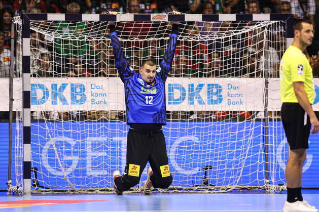 Goalkeeper Dominik Kuzmanovic, SC Magdeburg, Handball Bundesliga Season 2026–2027: SC Magdeburg vs. HC Erlangen at the GETEC Arena in Magdeburg; Action, Handball, Germany, October 4, 2026