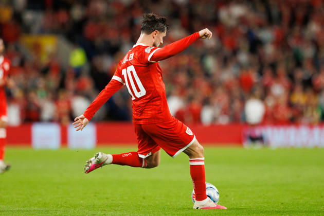RECORD DATE NOT STATED 4th October 2026; Cardiff City Stadium, Cardiff, Wales; UEFA Nations League Football, Wales versus Denmark; Liam Cullen of Wales crosses ball AmandaxMcMaster