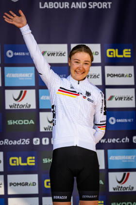 DWORATZEK Klara UEC Road Cycling European Championships Ljubljana 2026 DWORATZEK Klara GER Germany Third Place Award Ceremony Medal Ceremony Podium Portrait Orientation Vertical Portrait Event UEC Road Cycling European Championships 2026 Ljubljana Category Cycling Road CCycling European Championships Road Race Junior Women U19 Location Europe Slovenia Sencur Å enÄ u008Dur Discipline Road Race RR Distance 66.3 km Date October 4, 2026 Sunday Day 3