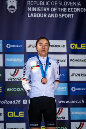 DWORATZEK Klara UEC Road Cycling European Championships Ljubljana 2026 DWORATZEK Klara GER Germany Third Place Award Ceremony Medal Ceremony Podium Portrait Orientation Vertical Portrait Event UEC Road Cycling European Championships 2026 Ljubljana Category Cycling Road Cycling European Championships Road Race Junior Women U19 Location Europe Slovenia Sencur Å enÄ u008Dur Discipline Road Race RR Distance 66.3 km Date October 4, 2026 Sunday Day 3