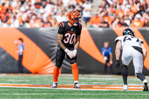 Oct 4, 2026; Cincinnati, OH, USA; Cincinnati Bengals running back Chase Brown (30) during NFL, American Football Herren, USA game action against the Jacksonville Jaguars at Paycor Stadium. Mandatory Credit: -Cal Media NFL 2026: Jaguars Vs Bengals OCT 04  - ZUMAc04_ 20261004_zma_c04_613 Copyright: xJohnxMersitsx