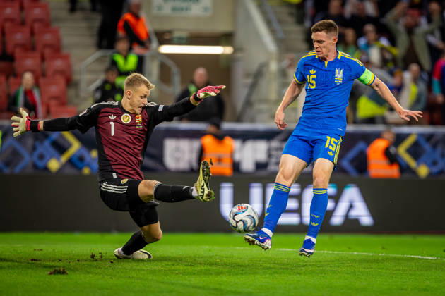 UKRAINE - HUNGARY Viktor Tsygankov of Ukraine and Ajax Amsterdam and Balazs Toth of Hungary and Puskas Akademia, Balazs Toth of Hungary and Blackburn Rovers during UEFA Nations League - League B - Group B2 - Matchday 4 - football match between Ukraine and Hungary. Anton Malatinsky Stadium, City Arena, Trnava, Slovakia, October 05, 2026. Photo by Branislav Racko Copyright: xx 080A3633