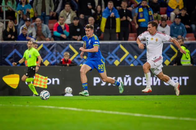 UKRAINE - HUNGARY Ihor Krasnopir of Ukraine and Polissya Zhytomyr and Willi Orban of Hungary and RB Leipzig during UEFA Nations League - League B - Group B2 - Matchday 4 - football match between Ukraine and Hungary. Anton Malatinsky Stadium, City Arena, Trnava, Slovakia, October 05, 2026. Photo by Branislav Racko Copyright: xx 080A3469