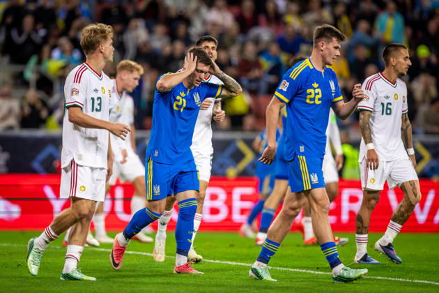 UKRAINE - HUNGARY Vladyslav Veleten of Ukraine and Polissya Zhytomyr, Ihor Krasnopir of Ukraine and Polissya Zhytomyr during UEFA Nations League - League B - Group B2 - Matchday 4 - football match between Ukraine and Hungary. Anton Malatinsky Stadium, City Arena, Trnava, Slovakia, October 05, 2026. Photo by Branislav Racko Copyright: xx 080A3786