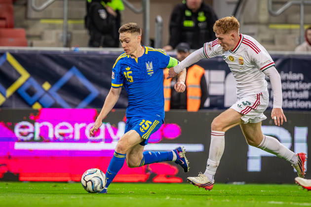UKRAINE - HUNGARY Viktor Tsygankov of Ukraine and Ajax Amsterdam and Mark Csinger of Hungary and Groningen during UEFA Nations League - League B - Group B2 - Matchday 4 - football match between Ukraine and Hungary. Anton Malatinsky Stadium, City Arena, Trnava, Slovakia, October 05, 2026. Photo by Branislav Racko Copyright: xx 080A3970
