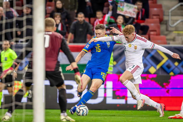 UKRAINE - HUNGARY Viktor Tsygankov of Ukraine and Ajax Amsterdam and Mark Csinger of Hungary and Groningen during UEFA Nations League - League B - Group B2 - Matchday 4 - football match between Ukraine and Hungary. Anton Malatinsky Stadium, City Arena, Trnava, Slovakia, October 05, 2026. Photo by Branislav Racko Copyright: xx 080A3975
