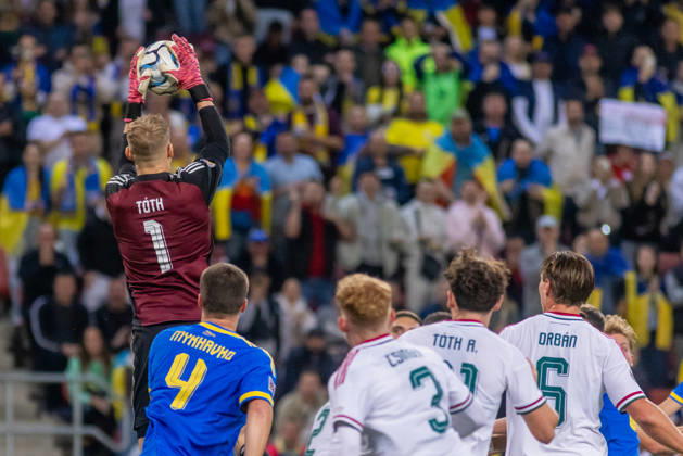 Balazs Toth of Hungary and Blackburn Rovers and Taras Mykhavko of Ukraine and Dynamo Kyiv during UEFA Nations League League phase game between Ukraine vs Hungary (Dominika Kortvelyesiova Ball Raw Images) Trnava Antona Malatinskeho Stadium Slovakia Copyright: xDominikaxKortvelyesiovax DKOR6104