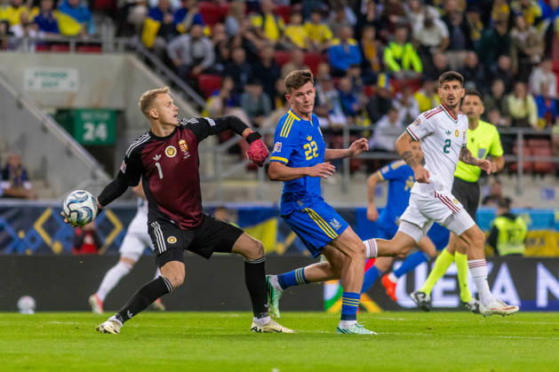 Balazs Toth of Hungary and Blackburn Rovers and Ihor Krasnopir of Ukraine and Polissya Zhytomyr during UEFA Nations League League phase game between Ukraine vs Hungary (Dominika Kortvelyesiova Ball Raw Images) Trnava Antona Malatinskeho Stadium Slovakia Copyright: xDominikaxKortvelyesiovax DKOR6110