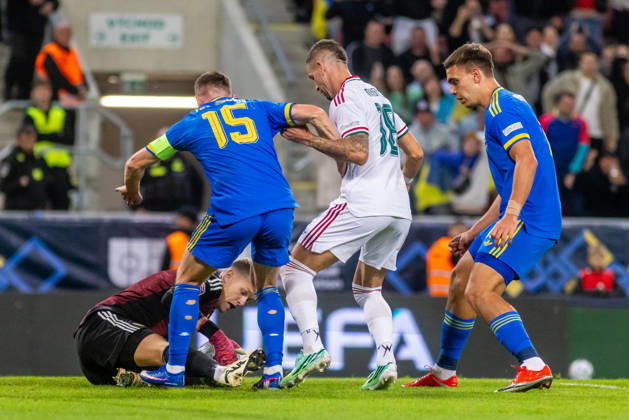 Balazs Toth of Hungary and Blackburn Rovers, Viktor Tsygankov of Ukraine and Ajax Amsterdam and Zsolt Nagy of Hungary and Puskas Akademia during UEFA Nations League League phase game between Ukraine vs Hungary (Dominika Kortvelyesiova Ball Raw Images) Trnava Antona Malatinskeho Stadium Slovakia Copyright: xDominikaxKortvelyesiovax DKOR6155
