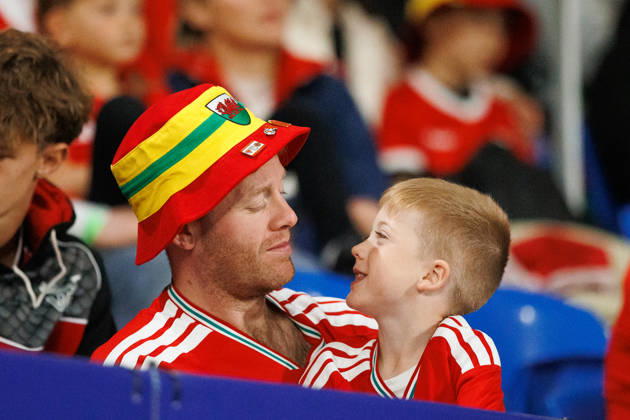 RECORD DATE NOT STATED 4th October 2026; Cardiff City Stadium, Cardiff, Wales; UEFA Nations League Football, Wales versus Denmark; Father and son Wales fans share moment AmandaxMcMaster