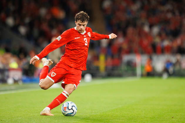 RECORD DATE NOT STATED 4th October 2026; Cardiff City Stadium, Cardiff, Wales; UEFA Nations League Football, Wales versus Denmark; Neco Williams of Wales crosses ball AmandaxMcMaster