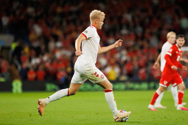 RECORD DATE NOT STATED 4th October 2026; Cardiff City Stadium, Cardiff, Wales; UEFA Nations League Football, Wales versus Denmark; Oliver Provstgaard of Denmark passes ball AmandaxMcMaster