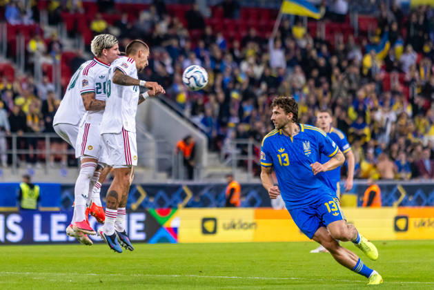 Milan Toth of Hungary and Vasas, Daniel Lukacs of Hungary and Puskas Akademia and Illia Zabarnyi of Ukraine and Paris Saint Germain during UEFA Nations League League phase game between Ukraine vs Hungary (Dominika Kortvelyesiova Ball Raw Images) Trnava Antona Malatinskeho Stadium Slovakia Copyright: xDominikaxKortvelyesiovax DKR_0382