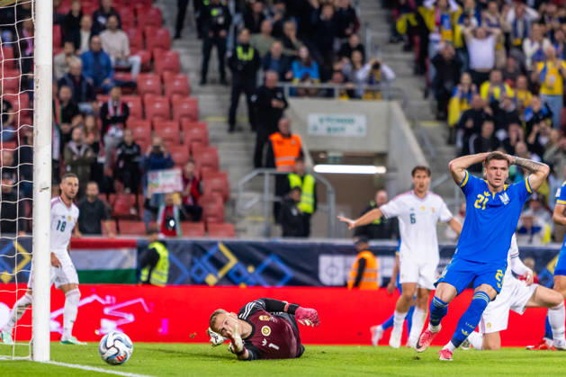 Balazs Toth of Hungary and Blackburn Rovers and Vladyslav Veleten of Ukraine and Polissya Zhytomyr during UEFA Nations League League phase game between Ukraine vs Hungary (Dominika Kortvelyesiova Ball Raw Images) Trnava Antona Malatinskeho Stadium Slovakia Copyright: xDominikaxKortvelyesiovax DKR_0391