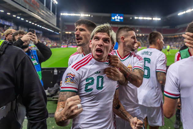 UKRAINE - HUNGARY Milan Toth of Hungary and Vasas celebrates a goal with the fans during UEFA Nations League - League B - Group B2 - Matchday 4 - football match between Ukraine and Hungary. Anton Malatinsky Stadium, City Arena, Trnava, Slovakia, October 05, 2026. Photo by Branislav Racko Copyright: xx _BRR0769