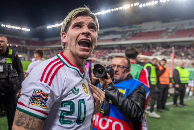 UKRAINE - HUNGARY Milan Toth of Hungary and Vasas celebrates a goal with the fans during UEFA Nations League - League B - Group B2 - Matchday 4 - football match between Ukraine and Hungary. Anton Malatinsky Stadium, City Arena, Trnava, Slovakia, October 05, 2026. Photo by Branislav Racko Copyright: xx _BRR0825