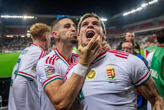 UKRAINE - HUNGARY Milan Toth of Hungary and Vasas celebrates a goal with the fans during UEFA Nations League - League B - Group B2 - Matchday 4 - football match between Ukraine and Hungary. Anton Malatinsky Stadium, City Arena, Trnava, Slovakia, October 05, 2026. Photo by Branislav Racko Copyright: xx _BRR0815