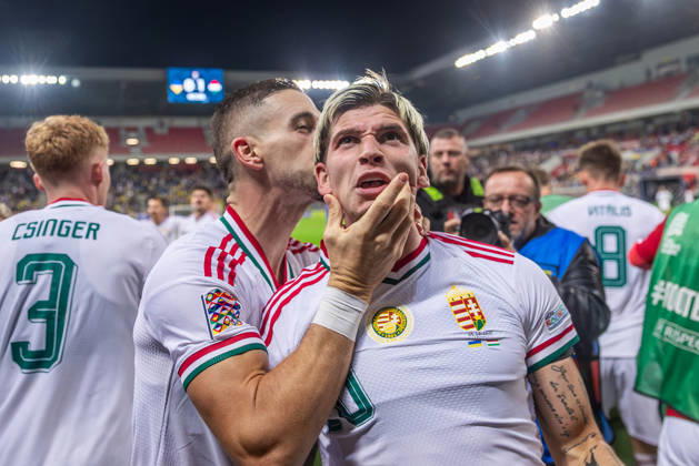 UKRAINE - HUNGARY Milan Toth of Hungary and Vasas celebrates a goal with the fans during UEFA Nations League - League B - Group B2 - Matchday 4 - football match between Ukraine and Hungary. Anton Malatinsky Stadium, City Arena, Trnava, Slovakia, October 05, 2026. Photo by Branislav Racko Copyright: xx _BRR0819