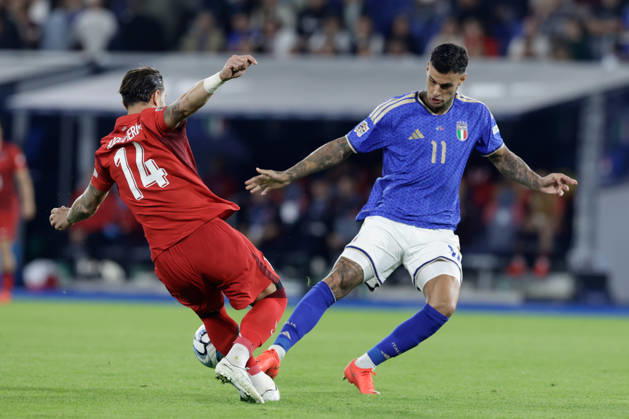 UEFA Nations League football match Italy vs Turkey Gianluca Scamacca of Italy challenges for the ball with Abdulkerim Bardakc of Turkiye during UEFA Nations League football match (League A, Group A1) between Italy vs Turkey at the Renato Dall Ara stadium in Bologna on October 05, 2026. _BPH3558 Copyright: xAntonioxBalascox