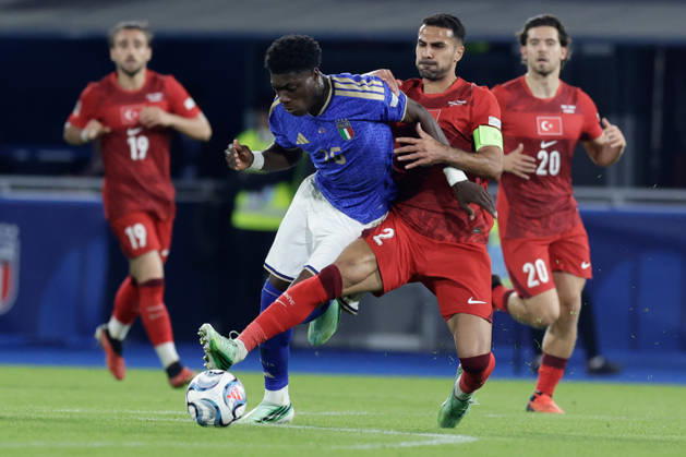 UEFA Nations League football match Italy vs Turkey Issa Doumbia of Italy challenges for the ball with Zeki Celik of Turkiye during UEFA Nations League football match (League A, Group A1) between Italy vs Turkey at the Renato Dall Ara stadium in Bologna on October 05, 2026. _BPH3740 Copyright: xAntonioxBalascox