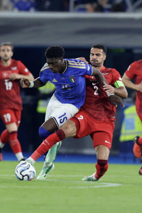 UEFA Nations League football match Italy vs Turkey Issa Doumbia of Italy challenges for the ball with Zeki Celik of Turkiye during UEFA Nations League football match (League A, Group A1) between Italy vs Turkey at the Renato Dall Ara stadium in Bologna on October 05, 2026. _BPH3741 Copyright: xAntonioxBalascox