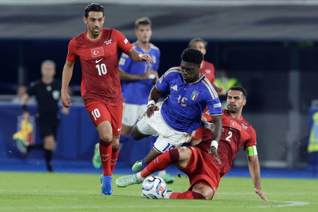UEFA Nations League football match Italy vs Turkey Issa Doumbia of Italy challenges for the ball with Zeki Celik of Turkiye during UEFA Nations League football match (League A, Group A1) between Italy vs Turkey at the Renato Dall Ara stadium in Bologna on October 05, 2026. _BPH3747 Copyright: xAntonioxBalascox