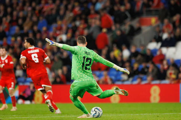 RECORD DATE NOT STATED 4th October 2026; Cardiff City Stadium, Cardiff, Wales; UEFA Nations League Football, Wales versus Denmark; Danny Ward of Wales restarts play after offsides call AmandaxMcMaster