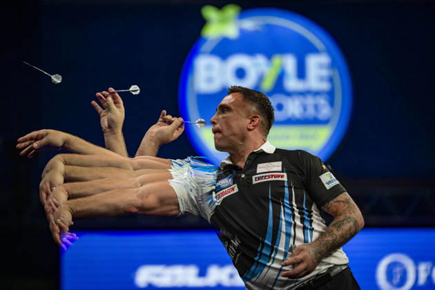 RECORD DATE NOT STATED 4th October 2026; Mattioli Arena, Leicester, England; PDC World Grand Prix Darts, World Grand Prix, Final Day; Multiple exposure of Gerwyn Price in action on the oche his final match against Luke Humphries GodfreyxPitt