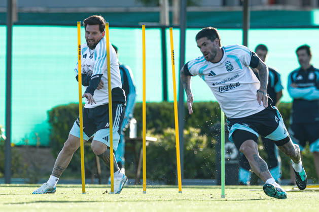 Argentina’s forward Lionel Messi (L) and teammate Rodrigo De Paul take part in a training session at the AFA (Argentine Football Association) training center in Ezeiza, Buenos Aires Province, on October 5, 2026, ahead of the upcoming friendly soccer matches against the Benin national team. Lionel Messi took part in the final training session of his professional career with the Argentine national team before his farewell match. Photo by Alejandro Pagni PHOTOxPHOTO Copyright: xAlejandroxPAGNIx