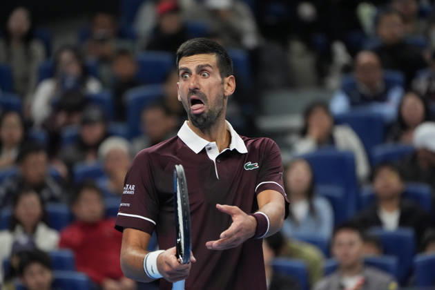 (261006) -- BEIJING, Oct. 6, 2026 -- Novak Djokovic reacts during the men s singles semifinal match between Daniil Medvedev of Russia and Novak Djokovic of Serbia at 2026 China Open tennis tournament in Beijing, China, Oct. 5, 2026. ) (SP)CHINA-BEIJING-TENNIS-CHINA OPEN-MEN S SINGLES(CN) XiexHan