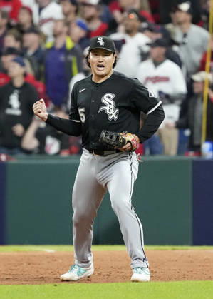 Baseball: Division Series between White Sox and Guardians Munetaka Murakami of the Chicago White Sox reacts after a victory over the Cleveland Guardians in Game 2 of the American League Division Series at Progressive Field in Cleveland, Ohio, on Oct. 5, 2026.  A14AA0005630234P