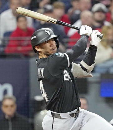 Baseball: Division Series between White Sox and Guardians Braden Montgomery of the Chicago White Sox hits a two-run double in the sixth inning of Game 2 of the American League Division Series against the Cleveland Guardians at Progressive Field in Cleveland, Ohio, on Oct. 5, 2026. A14AA0005630252P