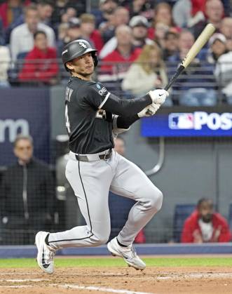 Baseball: Division Series between White Sox and Guardians Braden Montgomery of the Chicago White Sox hits a two-run double in the sixth inning of Game 2 of the American League Division Series against the Cleveland Guardians at Progressive Field in Cleveland, Ohio, on Oct. 5, 2026. A14AA0005630253P