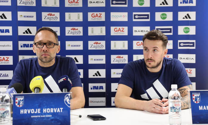 press conference, PK, Pressekonferenz of HC Zagreb Head coach Hrvoje Horvat and Manuel Strlek of HC Zagreb speak on a press conference on October 06, 2026 in Zagreb, Croatia ahead of the EHF Champions League match between HC Zagreb and Aalborg Handbold.  MarkoxPrpic PIXSELL