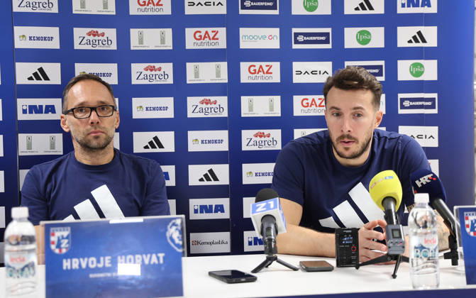 press conference, PK, Pressekonferenz of HC Zagreb Head coach Hrvoje Horvat and Manuel Strlek of HC Zagreb speak on a press conference on October 06, 2026 in Zagreb, Croatia ahead of the EHF Champions League match between HC Zagreb and Aalborg Handbold.  MarkoxPrpic PIXSELL