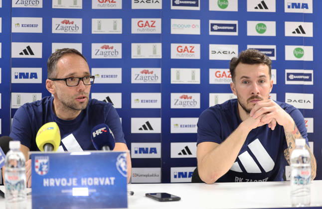 press conference, PK, Pressekonferenz of HC Zagreb Head coach Hrvoje Horvat and Manuel Strlek of HC Zagreb speak on a press conference on October 06, 2026 in Zagreb, Croatia ahead of the EHF Champions League match between HC Zagreb and Aalborg Handbold.  MarkoxPrpic PIXSELL