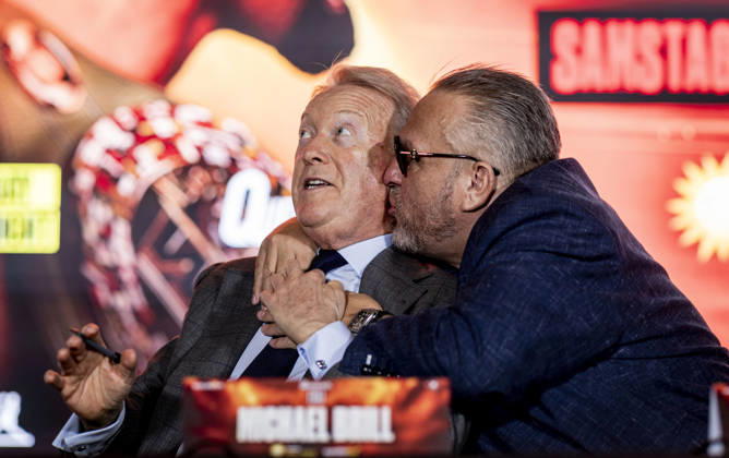 Düsseldorf, Germany, Oct. 6, 2026: Frank Warren (promoter) and Spencer Brown (manager) hold a press conference for Agit Kabayel (GER) vs. Nelson Hysa (ALB) on Oct. 6, 2026