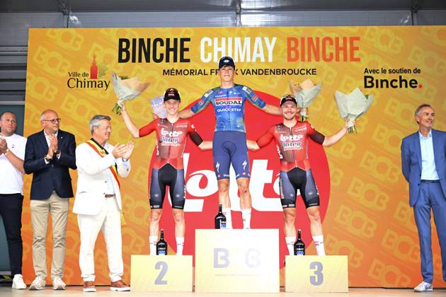 Binche Chimay Binche 2026 Cycling Race BINCHE, BELGIUM - OCTOBER 06 : Berckmoes Jenno (BEL) of Lotto Intermarche, Magnier Paul (FRA) of Soudal Quick Step and Taminaux Lionel (BEL) of Lotto Intermarche pictured during the podium ceremony after the 38th edition of Binche Chimay Binche an UCI Class 1.1 one day cycling road race for Men Elite of 206,8 km with start in Binche and finish in Binche on October 6, 2026 in Binche, Belgium, 06 10 2026 Binche Belgium  Copyright: xNicoxVereeckenx