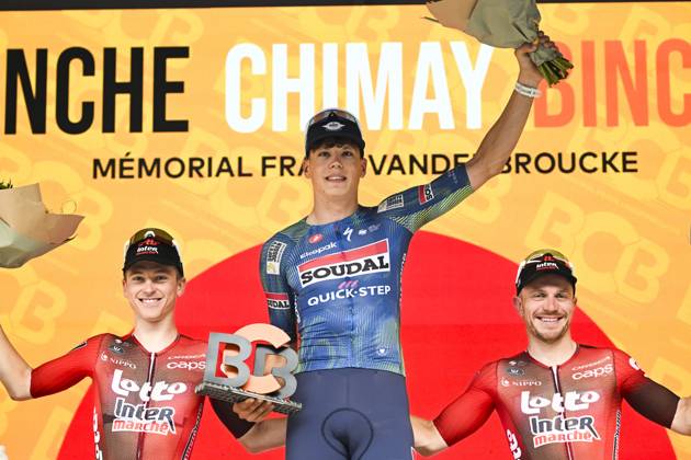 Binche Chimay Binche 2026 Cycling Race BINCHE, BELGIUM - OCTOBER 06 : Berckmoes Jenno (BEL) of Lotto Intermarche, Magnier Paul (FRA) of Soudal Quick Step and Taminaux Lionel (BEL) of Lotto Intermarche pictured during the podium ceremony after the 38th edition of Binche Chimay Binche an UCI Class 1.1 one day cycling road race for Men Elite of 206,8 km with start in Binche and finish in Binche on October 6, 2026 in Binche, Belgium, 06 10 2026 Binche Belgium  Copyright: xNicoxVereeckenx