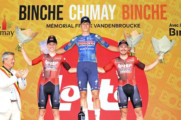 Binche Chimay Binche 2026 Cycling Race BINCHE, BELGIUM - OCTOBER 06 : Berckmoes Jenno (BEL) of Lotto Intermarche, Magnier Paul (FRA) of Soudal Quick Step and Taminaux Lionel (BEL) of Lotto Intermarche pictured during the podium ceremony after the 38th edition of Binche Chimay Binche an UCI Class 1.1 one day cycling road race for Men Elite of 206,8 km with start in Binche and finish in Binche on October 6, 2026 in Binche, Belgium, 06 10 2026 Binche Belgium  Copyright: xNicoxVereeckenx