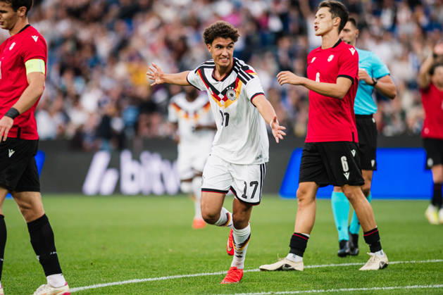 U-21 European Championship Qualifier: Germany vs. Georgia, October 6, 2026. GOAL CELEBRATION: Noah Darvich (Germany), 17, scores the 1-0 goal for Germany. Soccer, U-21 European Championship Qualifier, Matchday 10: Germany vs. Georgia on October 6, 2026, Bielefeld DFB REGULATIONS PROHIBIT ANY USE OF PHOTOGRAPHS AS IMAGE SEQUENCES AND OR QUASI-VIDEO Copyright: xBEAUTIFULxSPORTS Tonhäuserx