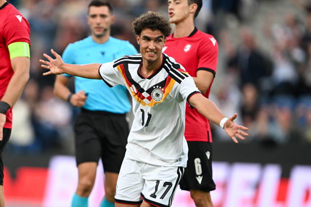 U-21 International Match 26-27: Germany vs. Georgia on October 6, 2026, at the SchücoArena in Bielefeld—Cheers, goal celebrations, goal scorers, goal scorer Noah Darvich—Germany celebrates after his goal to make it 1-0 MT