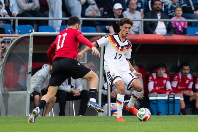 October 6, 2026, GER, Germany U21 vs. Georgia U21: A duel between Noah Darvich (Germany U21, No. 17) and Nikoloz Chikovani (Georgia U21, No. 11) at the SchücoArena in Bielefeld, Germany Copyright: xnordphotoxGmbHx xChristianxSchulzex