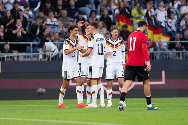 October 6, 2026, GER, Germany U21 vs. Georgia U21 Goal Celebration Cheers for the 1–0 goal by Noah Darvich, Germany U21; 17 Dzenan Pejcinovic, Germany U21; 11 Elias Baum, Germany U21; 2 Aljoscha Kemlein, Germany U21, 16 Bielefeld SchücoArena, Bielefeld, Germany Copyright: xnordphotoxGmbHx xChristianxSchulzex
