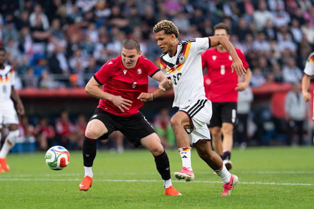 October 6, 2026, GER, Germany U21 vs. Georgia U21: A duel between Paris Brunner (Germany U21, 19) and Aleksandre Amisulashvili (Georgia U21, 5) at the SchücoArena in Bielefeld, Germany Copyright: xnordphotoxGmbHx xChristianxSchulzex